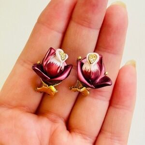 VTG Carucci signed rose earrings flower enamel crystal rhinestone pierced Rare